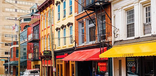 Photo of colorful old facades, pubs and businesses in downtown Lexington, Kentucky, USA.